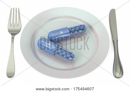 Diet and healthy meal concept. Plate with potassium kalium K capsules 3D rendering