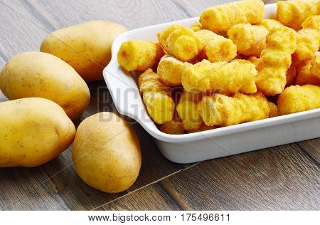 Frozen Cylindrical potato croquettes or German name is Kroketten
