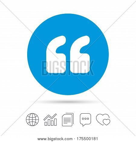 Quote sign icon. Quotation mark symbol. Double quotes at the beginning of words. Copy files, chat speech bubble and chart web icons. Vector