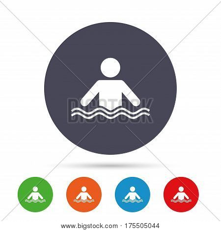 Swimming sign icon. Pool swim symbol. Sea wave. Round colourful buttons with flat icons. Vector