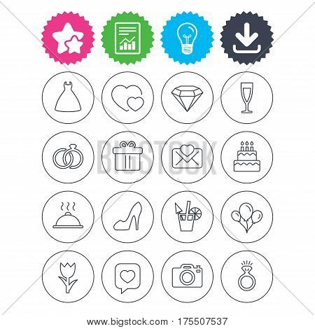 Download, light bulb and report signs. Wedding and party icons. Dress, diamond and rings. Gift box, invitatiom letter and rose flower. Speech bubble with heart and photo camera. Vector