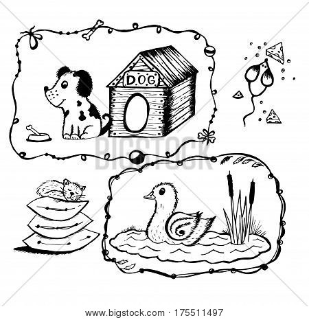 dog with a box, mouse with cheese, duck in the lake, the cat on the pillow hand painted