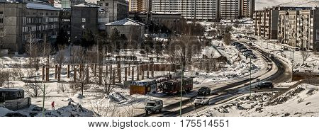 Kazakhstan, Ust-Kamenogorsk, 22 february, 2017: Aerial view of one of the streets of the city, cityscape