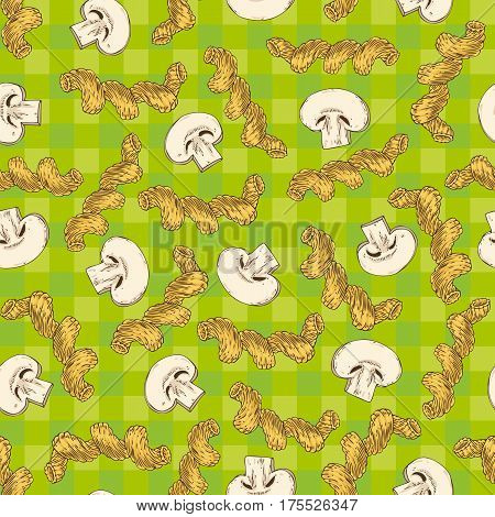Seamless Vector Pattern with Mushroom Slices and Pasta on a Green Plaid Background