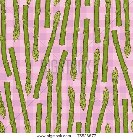 Seamless Vector Pattern with Asparagus on a Pink Plaid Background