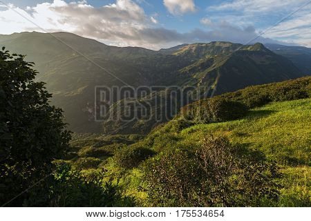 Brookvalley Spokoyny at the foot of outer north-eastern slope of caldera volcano Gorely.