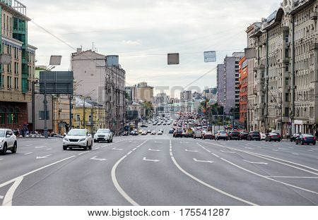 Wide multilane avenue with moving cars in Moscow