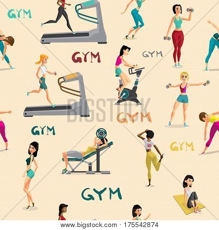 Seamless pattern women doing fitness exercises in the gym. Cartoon style vector background