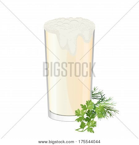 Glass of ayran with dill and parsley herbs isolated on white. Doogh or Tan cold yogurt beverage mixed with salt. Refreshing drink made by mixing yogurt with iced water realistic vector illustration