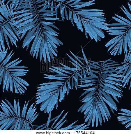 Indigo seamless pattern with monstera palm leaves on dark background. Summer tropical camouflage fabric design. Vector illustration.