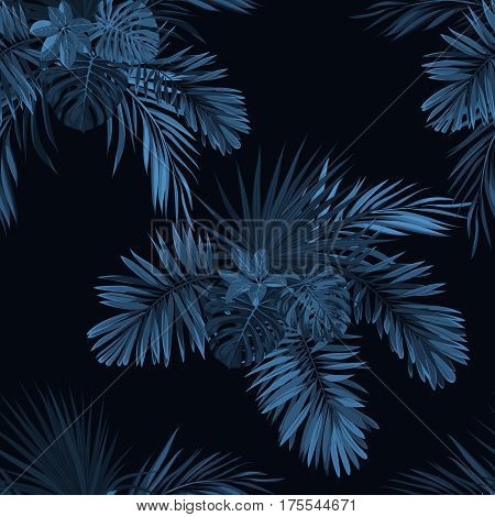 Blue indigo tropical pattern with jungle plants. Seamless vector tropical fabric design with phoenix palm leaves. Vector illustration.