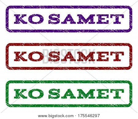 Ko Samet watermark stamp. Text caption inside rounded rectangle with grunge design style. Vector variants are indigo blue, red, green ink colors. Rubber seal stamp with scratched texture.