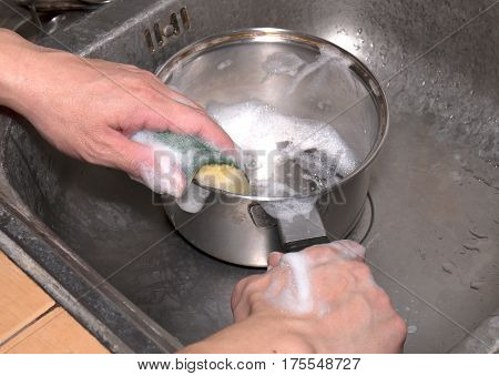 Closeup Hand Washing Pot in The Sink