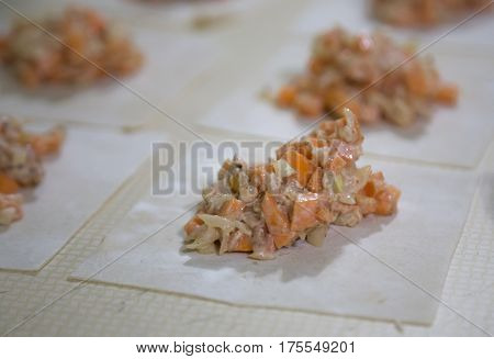 Preparation Of Manti On A Kitchen Wooden Board. Traditional Asian Dumplings