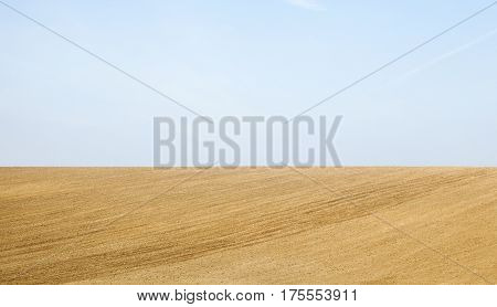 Agricultural landscape. Blue sky and ploughed field in spring prepared for sowing.