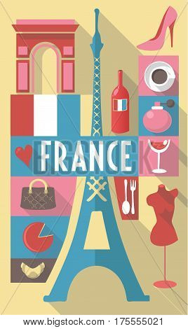 french cultural icons on travel poster. city symbols for cardboards posters