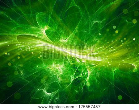 Green glowing high energy plasma field in space with particles computer generated abstract background