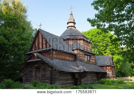 Ancient wooden church (XIX century) from the Western Ukraine in the open-air Museum of Folk Architecture near Kyiv.