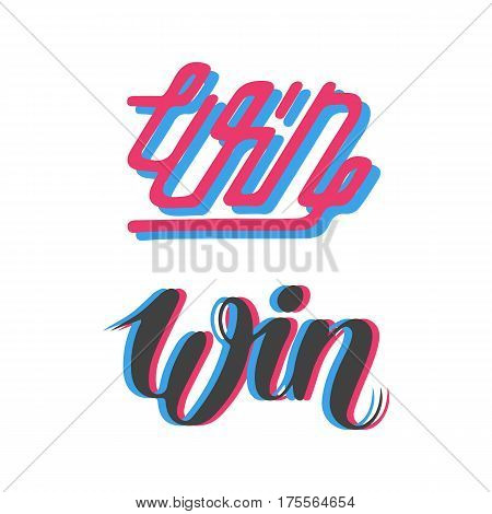 Win text sign test success message contest promotion banner competition and award lucky lottery word modern reward gamble champion vector illustration. Decoration label entry chance element.