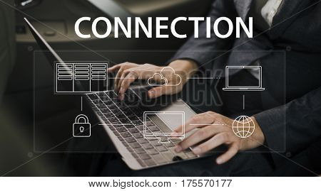 Hands working on laptop network connection graphic overlay