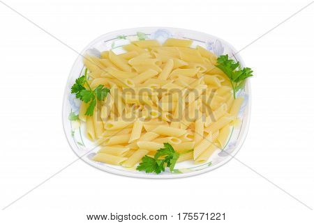 Cooked cylinder-shaped pasta decorated with a small parsley twigs on a dish on a light background