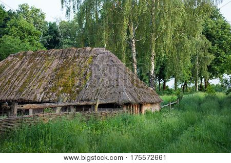 Old wooden shed with moss-grown straw-thatched roof from the Museum of Folk Architecture and Life of Ukraine in Pyrohiv near Kyiv.