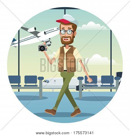 beard man traveler camera cap airport vector illustration eps 10