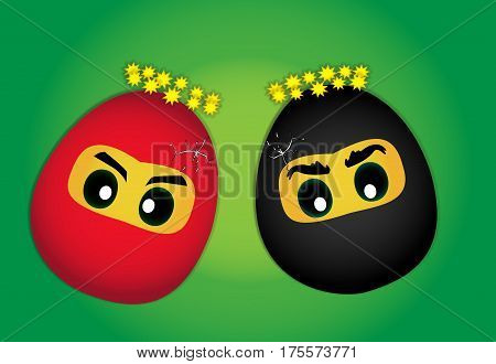 Drawn illustration of two egg as a ninja which were hit and were cracked