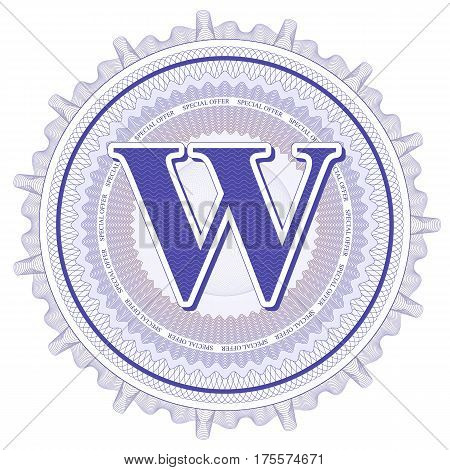 Vector Guilloche Pattern Rosette and border with letter W. Monetary banknote background print. Abstract guilloche letter design.