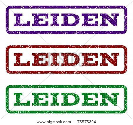 Leiden watermark stamp. Text caption inside rounded rectangle with grunge design style. Vector variants are indigo blue, red, green ink colors. Rubber seal stamp with scratched texture.