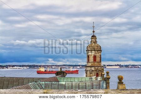 Top view from Kronborg castle to harbor and Helsingor city beyond Denmark