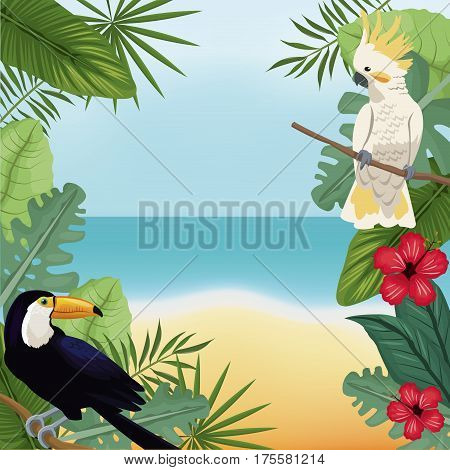 cockatoo and toucan leaves tropical beach vector illustration eps 10