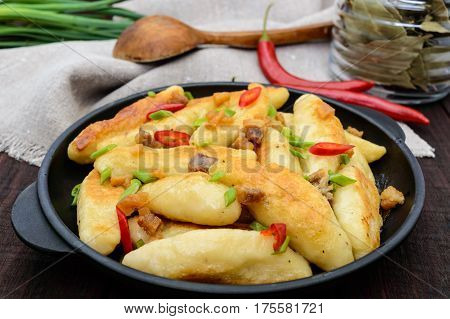 Popular traditional Czech Hungarian German dish: potato knedli (dumplings) with slices of fried bacon spicy red pepper and green onions. Serving on a cast iron pan.