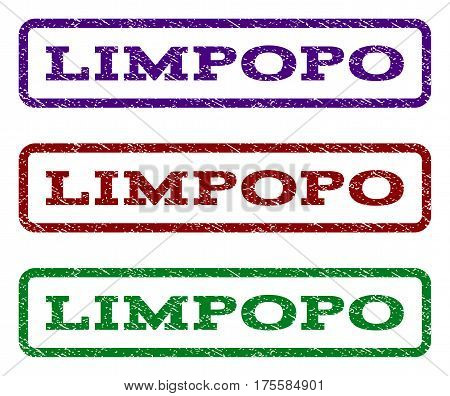Limpopo watermark stamp. Text tag inside rounded rectangle frame with grunge design style. Vector variants are indigo blue, red, green ink colors. Rubber seal stamp with unclean texture.