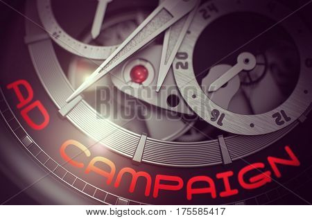 Men Watch Machinery Macro Detail and Inscription - Ad Campaign. Ad Campaign on Face of Men Watch Machinery Macro Detail Monochrome. Time and Work Concept with Lens Flare. 3D Rendering.