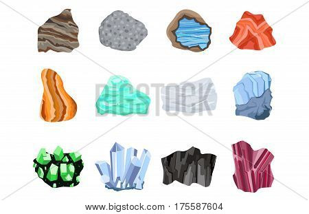 Collectionof semi precious gemstones vector stones and mineral colorful shiny jewelry material agate geology crystal isolated on white background. Semiprecious granite chalcedony beauty amethyst.
