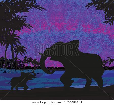 Elephants silhouette Enjoy a Sunset , vector illustration