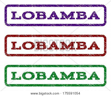 Lobamba watermark stamp. Text caption inside rounded rectangle with grunge design style. Vector variants are indigo blue, red, green ink colors. Rubber seal stamp with scratched texture.