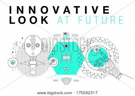 Trendy Innovation systems layouts in polygonal contour line composition, future analysis and technology operations. Made in awesome geometry style with linear pictogram of future for web design.