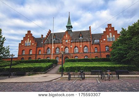 City Hall on central square in Hillerod Denmark. Small town near Copenhagen with wonderful royal castle