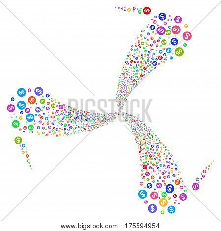 Money fireworks swirl rotation. Vector illustration style is flat bright multicolored iconic symbols on a white background. Object whirl done from random icons.