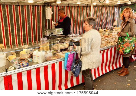 Verneuil sur Seine; France - october 16 2016 : dairy produce at the market in automn