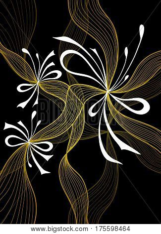 Beautiful light abstract background with lace flowers bows gold white on black for wallpaper or  decoration package perfumer textile clothes or for screen on mobile telephone tablet or for banners