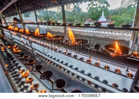 Coconut oil lamps for sacred fire in Buddha Tooth Relic Temple in Kandy, Sri Lanka