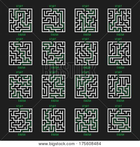 Maze Game with solution set. Labyrinth with Entry and Exit. Vector Illustration.