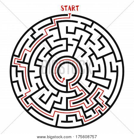 Circle Maze with Solution. Labyrinth with Entry and Exit. Find the Way Out Concept. Vector Illustration.