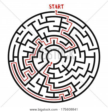 Circle Maze with Solution. Labyrinth with Entry and Exit. Find the Way Out Concept. Vector Illustration.