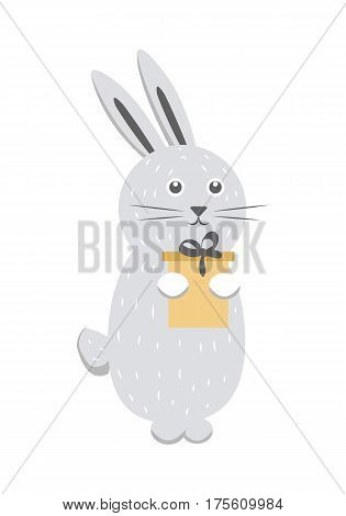 Gray rabbit with gift box isolated on white. Banner with editable animal in cartoon comic retro style. Vector illustration of hare with golden present wish Merry Christmas and Happy New Year