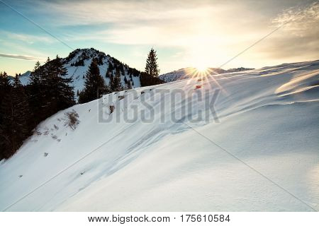 sunrise over snowy mountains in Alps Germany