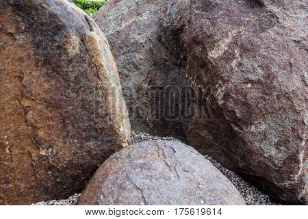Big stones in the rockery. Ornamental garden. Close-up.
